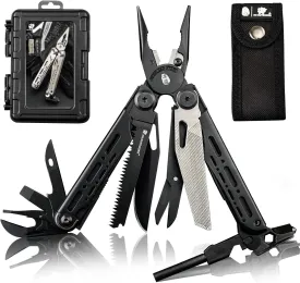 19 In 1 Pocket Multi Tool, Stainless Steel Multitools Pliers with Fire Starter and Glass Breaker, Folding EDC Camping Survival Tools for Men (Black)