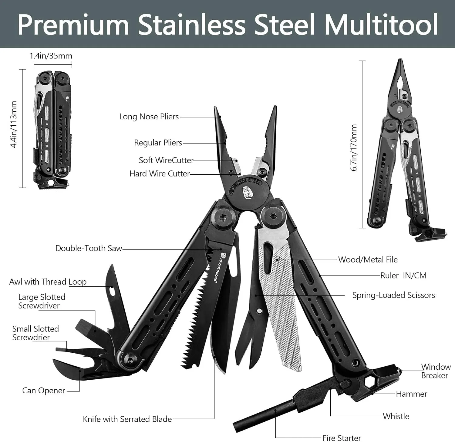 19 In 1 Pocket Multi Tool, Stainless Steel Multitools Pliers with Fire Starter and Glass Breaker, Folding EDC Camping Survival Tools for Men (Black)