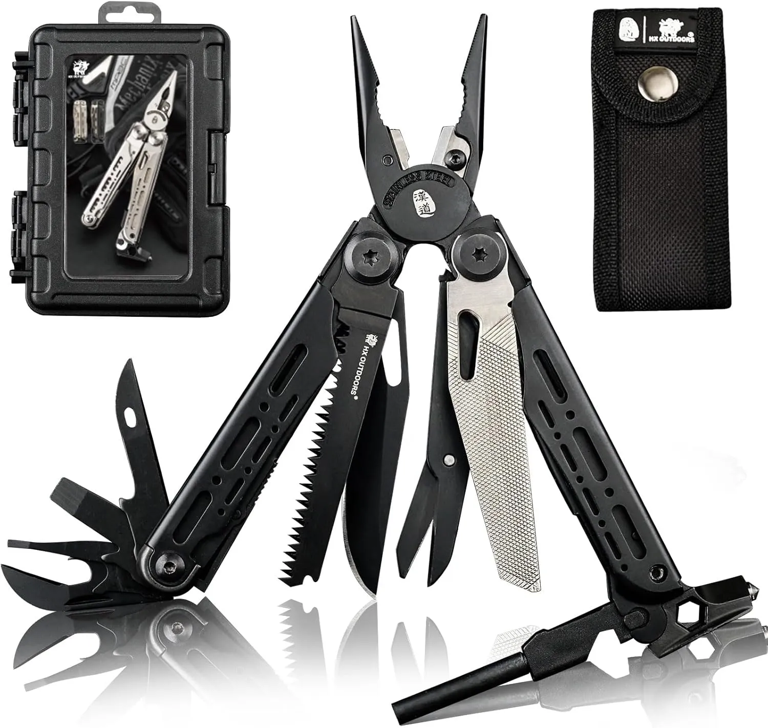 19 In 1 Pocket Multi Tool, Stainless Steel Multitools Pliers with Fire Starter and Glass Breaker, Folding EDC Camping Survival Tools for Men (Black)