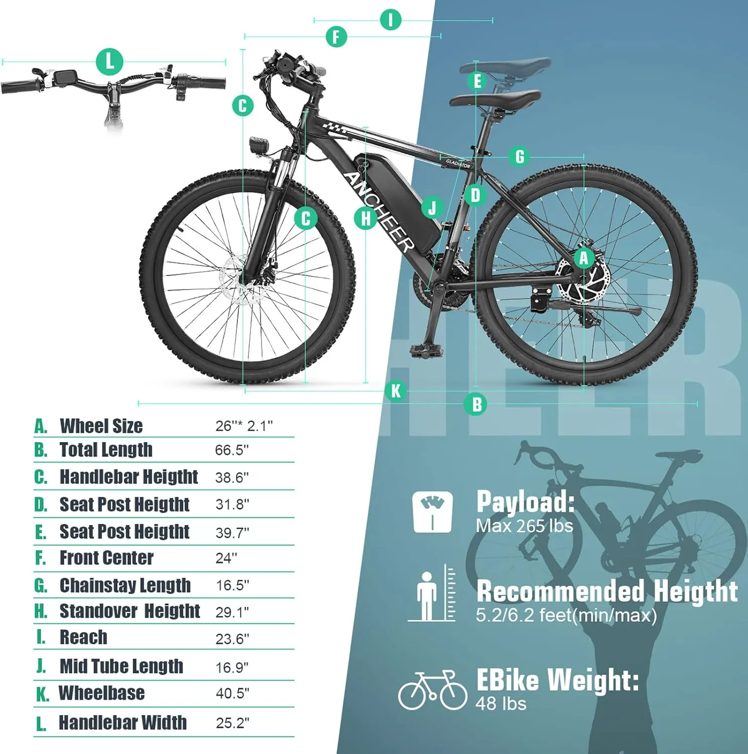 ANCHEER Electric Bike for Adults, Peak 750W Ebike, 3H Fast Charge, 55 Miles, 22MPH Electric Bicycle, 48V 499Wh Battery, 26" Gladiator Electric Mountain Bike, 21Speed, UL 2849 Certified