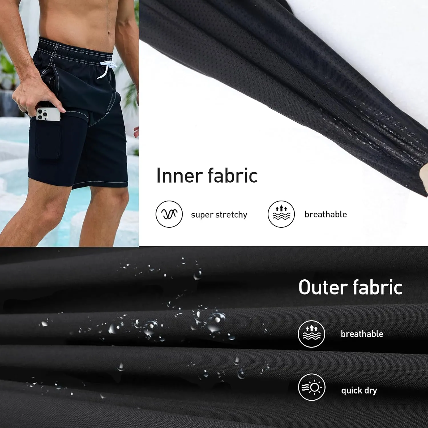 Arcweg Mens Swim Trunks with Compression Liner 9 Men Beach Board 2 in 1 Bathing Suit with Zipper Pockets, Quick Dry