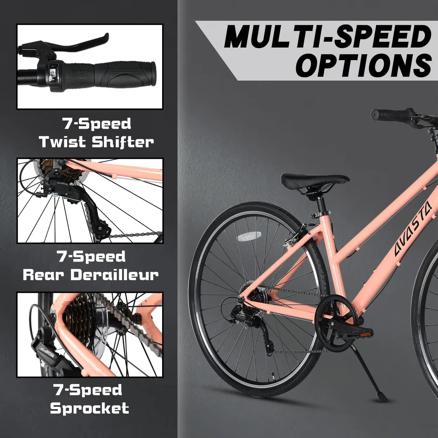 AVASTA Populus Road Hybrid Bike for Women with Kickstand, Lightweight Step Through 700c Aluminum Alloy Frame, 7-Speed Drivetrain, Multiple Colors