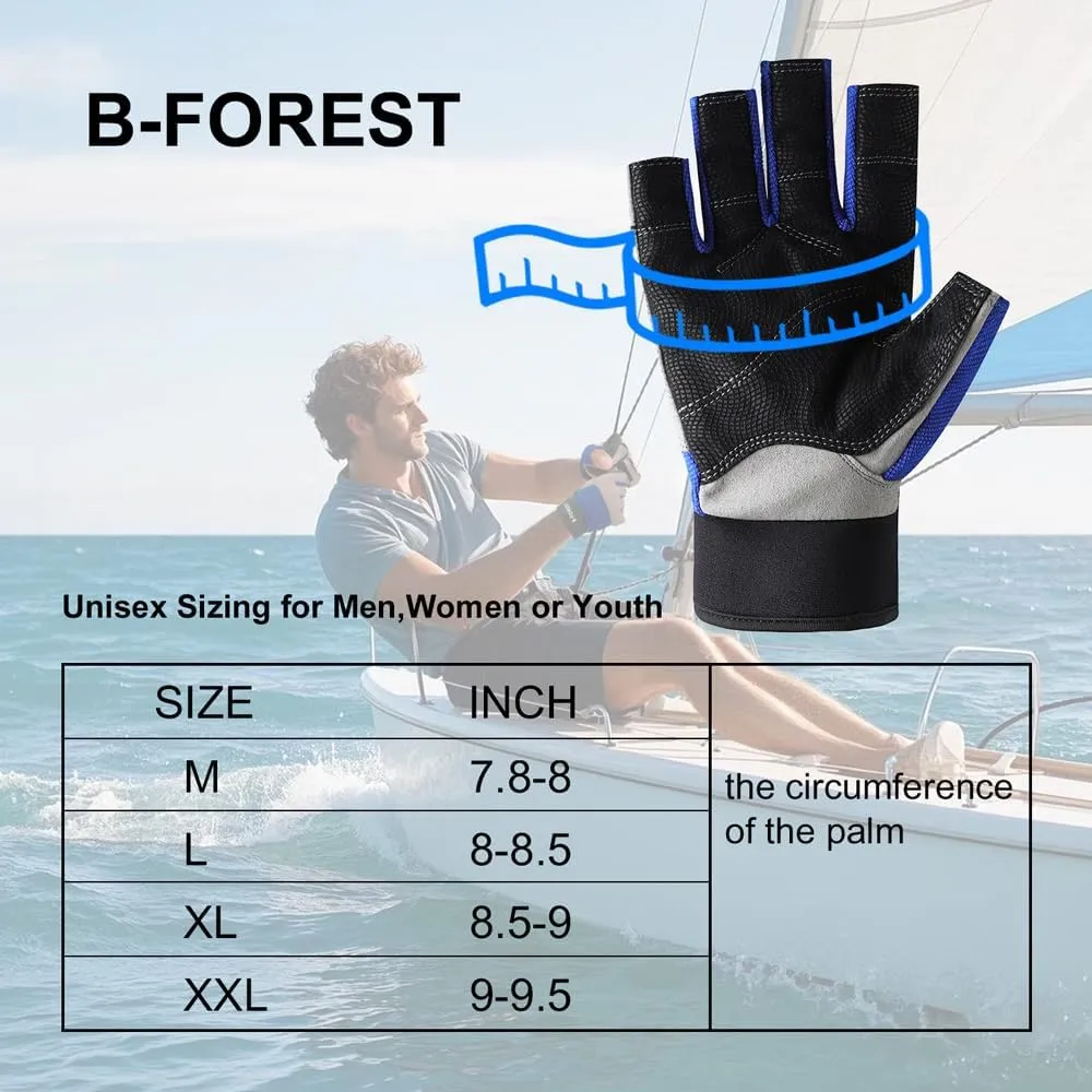 B-Forest 3/4 Length Finger Sailing Gloves for KayakingRowing,Stand Up Paddle Boards, Water Skiing, Paddling and Diving,Professional Fishing Gloves for Men Women Youth