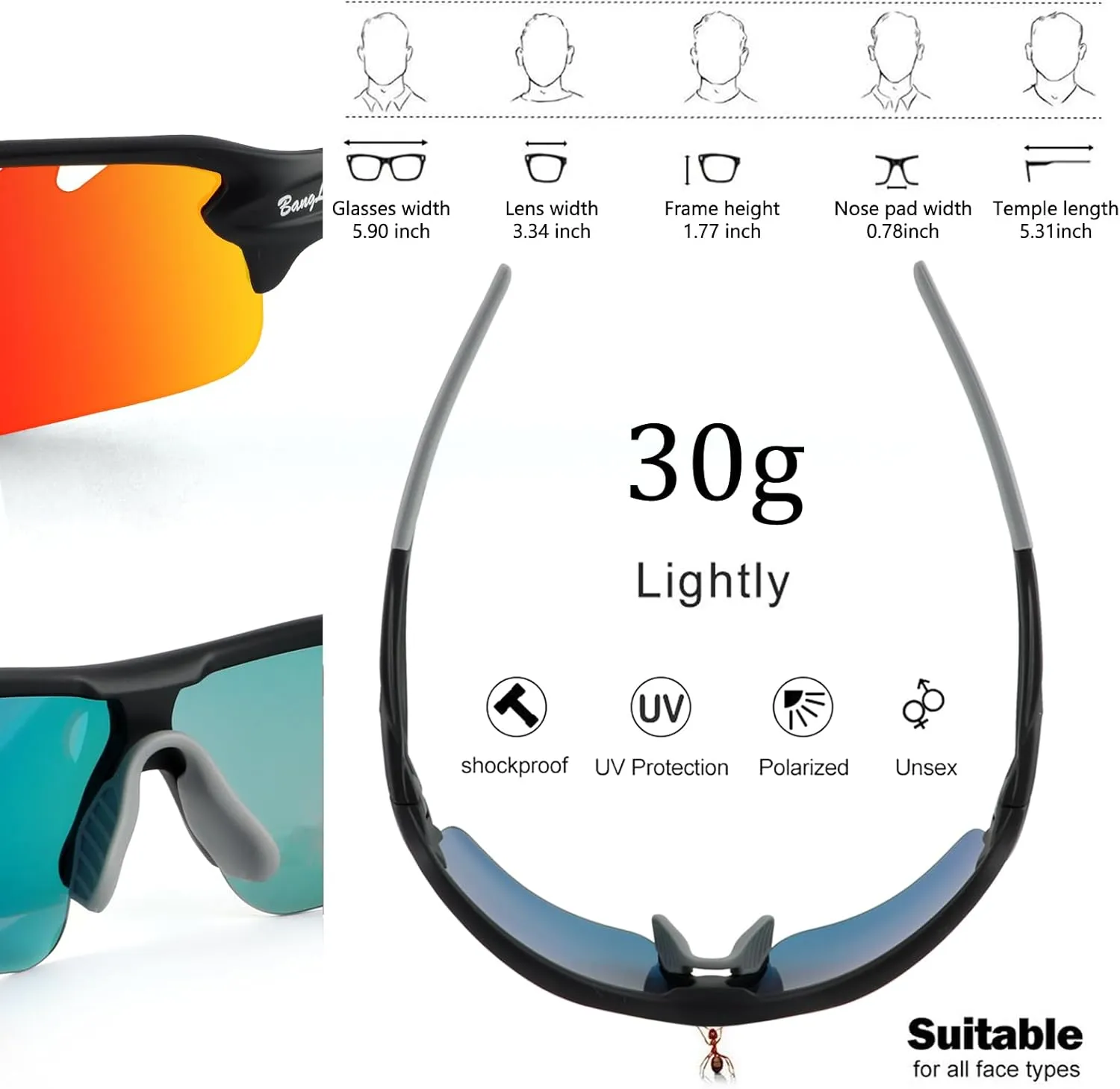 BangLong Polarized Sports Sunglasses Cycling Sun Glasses for Men Women with 5 Interchangeable Lenes for Running Baseball Golf