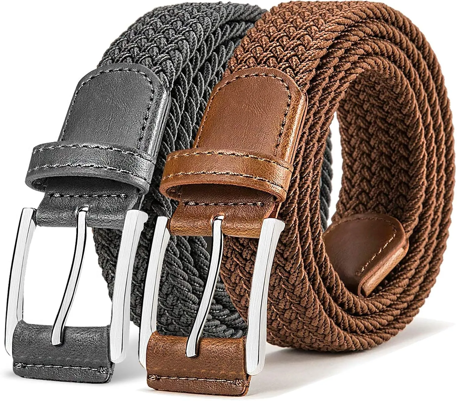 BULLIANT Belt for Men 2Pack,Mens Gift Stretch Braided Web Belt Elastic for Casual Golf Jeans,1 3/8"