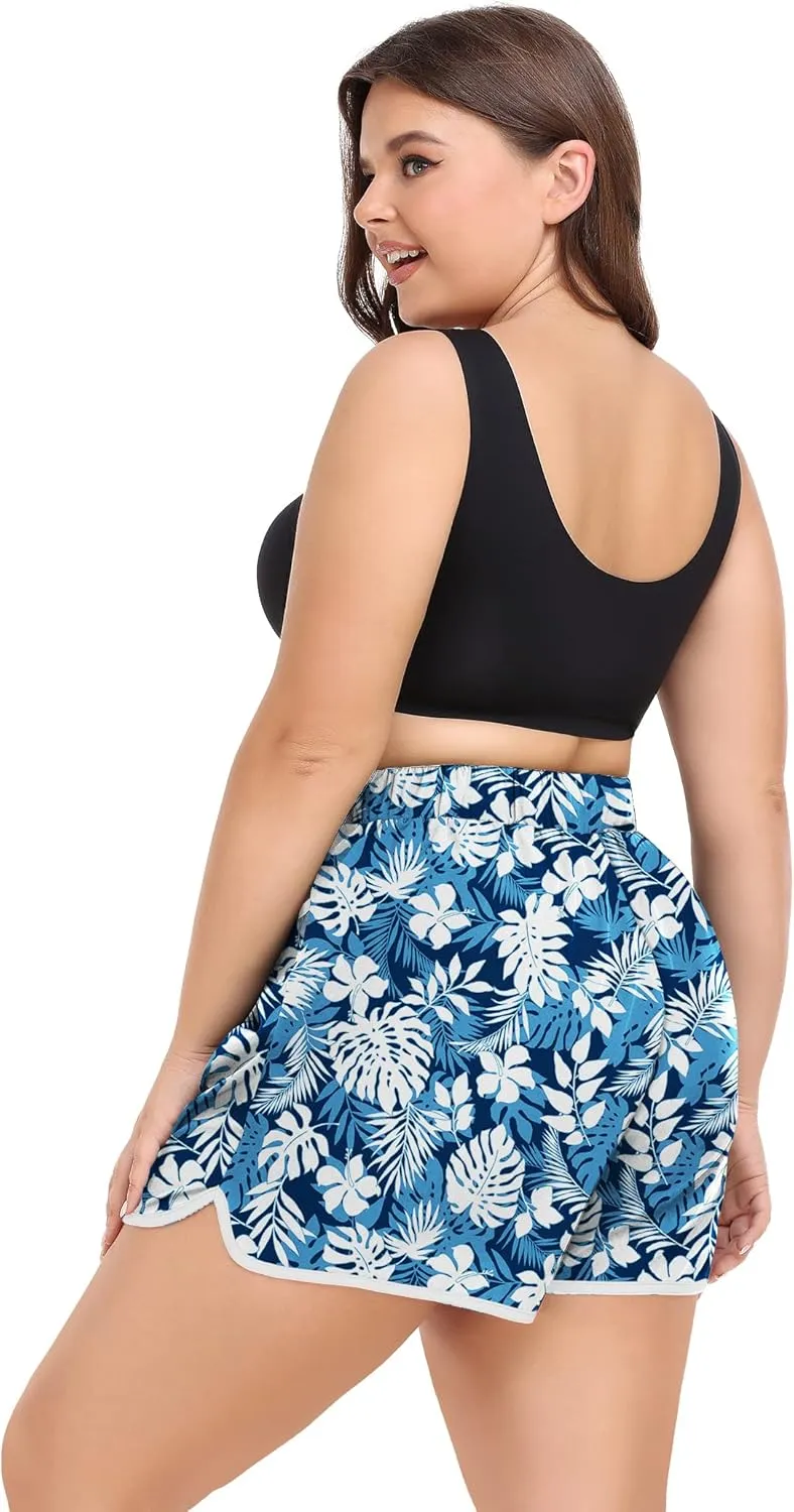 COOTRY Womens Plus Size Beach Shorts Quick Dry Drawstring Board Shorts Swim Shorts with Pockets