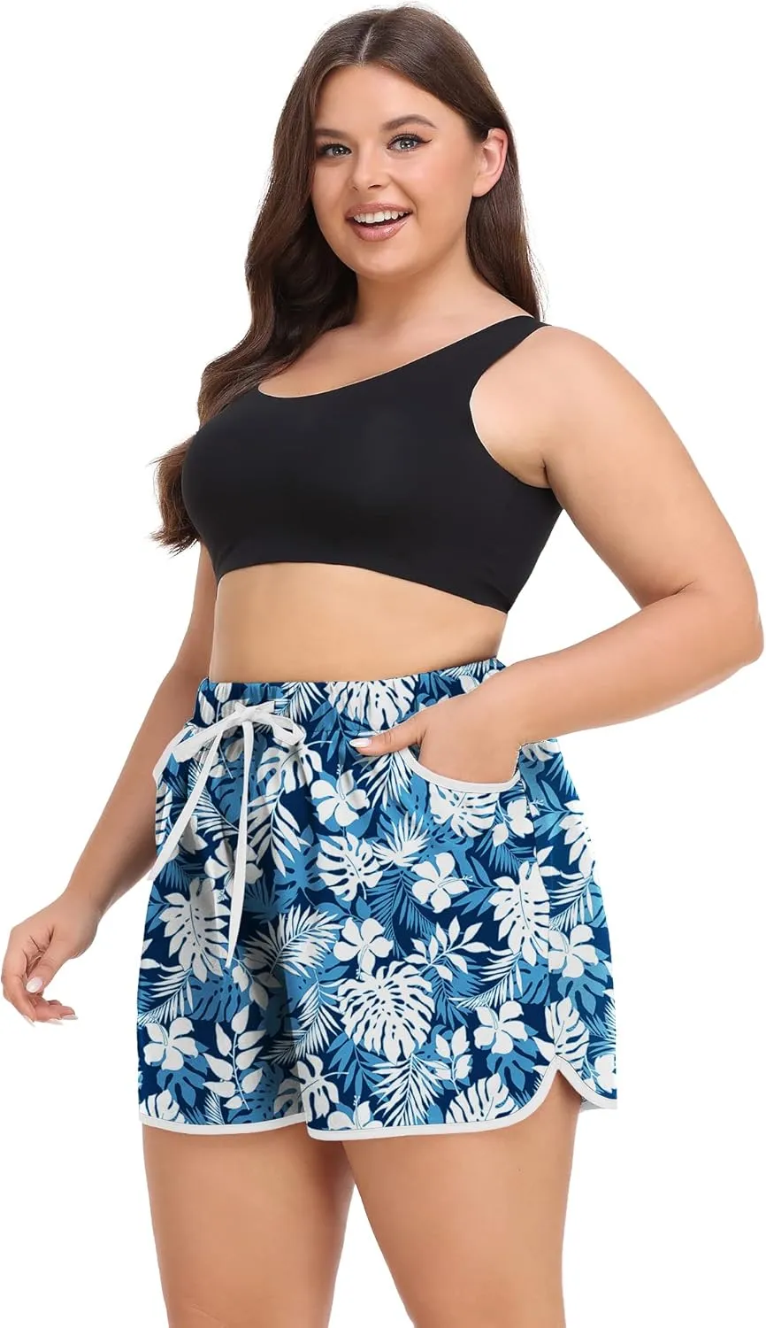 COOTRY Womens Plus Size Beach Shorts Quick Dry Drawstring Board Shorts Swim Shorts with Pockets