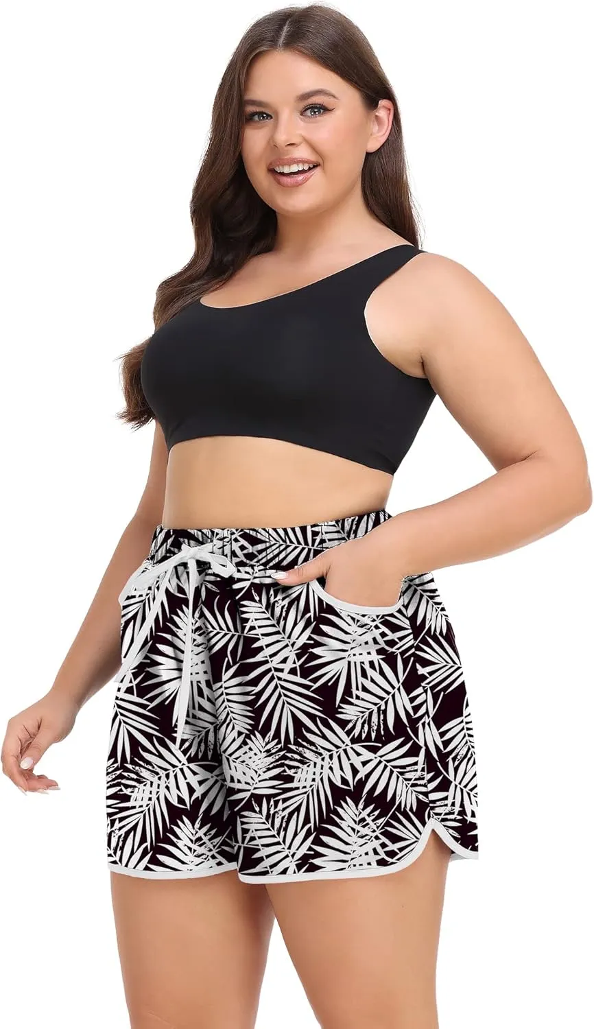 COOTRY Womens Plus Size Beach Shorts Quick Dry Drawstring Board Shorts Swim Shorts with Pockets