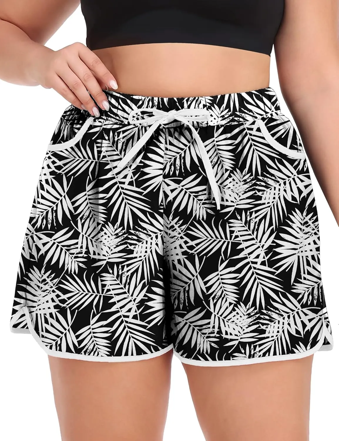 COOTRY Womens Plus Size Beach Shorts Quick Dry Drawstring Board Shorts Swim Shorts with Pockets