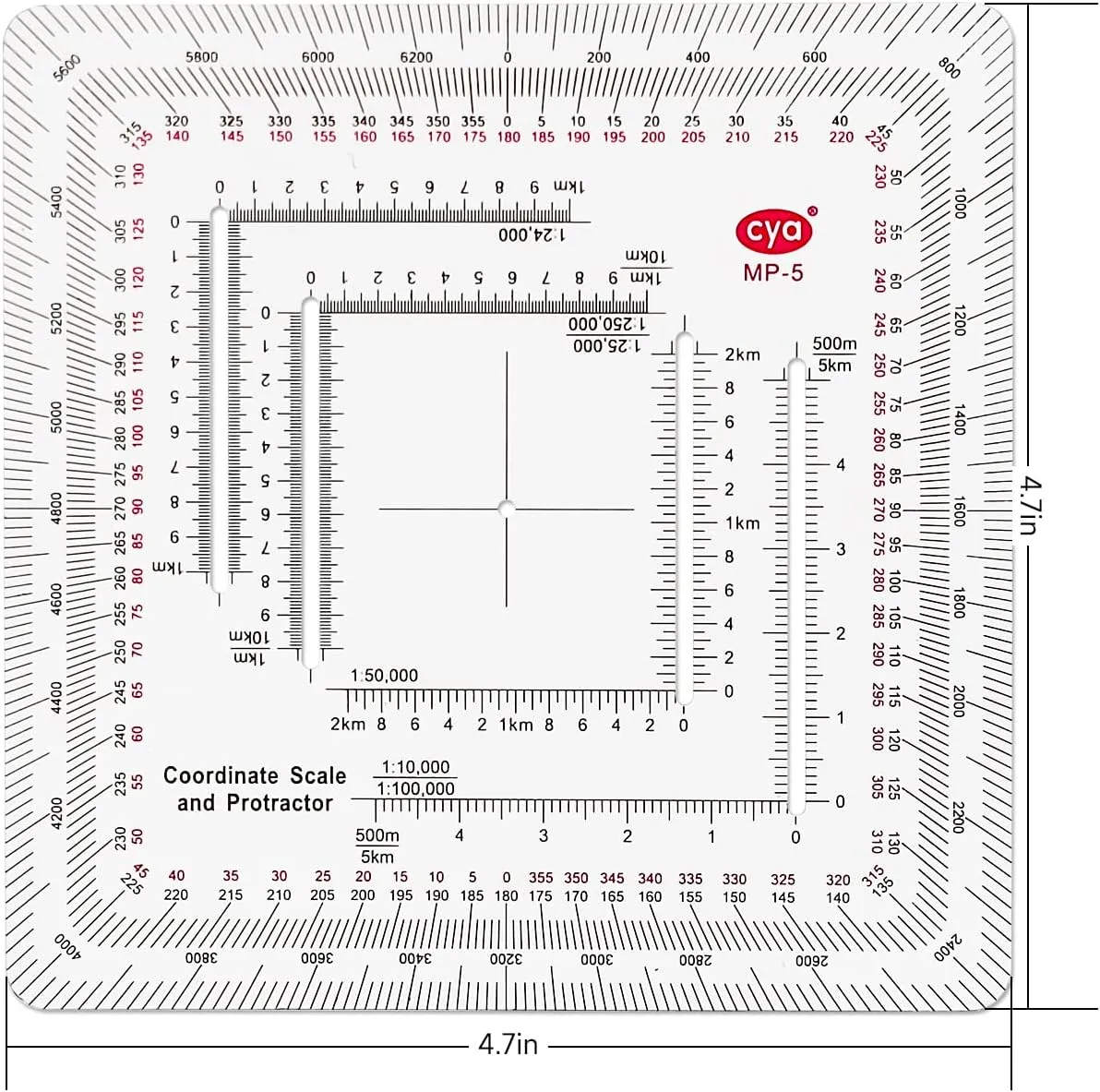 CYA Square Military Map Coordinate Scale Protractor Map for Land Navigation, Military Style UTM/MGRS Coordinate Scale