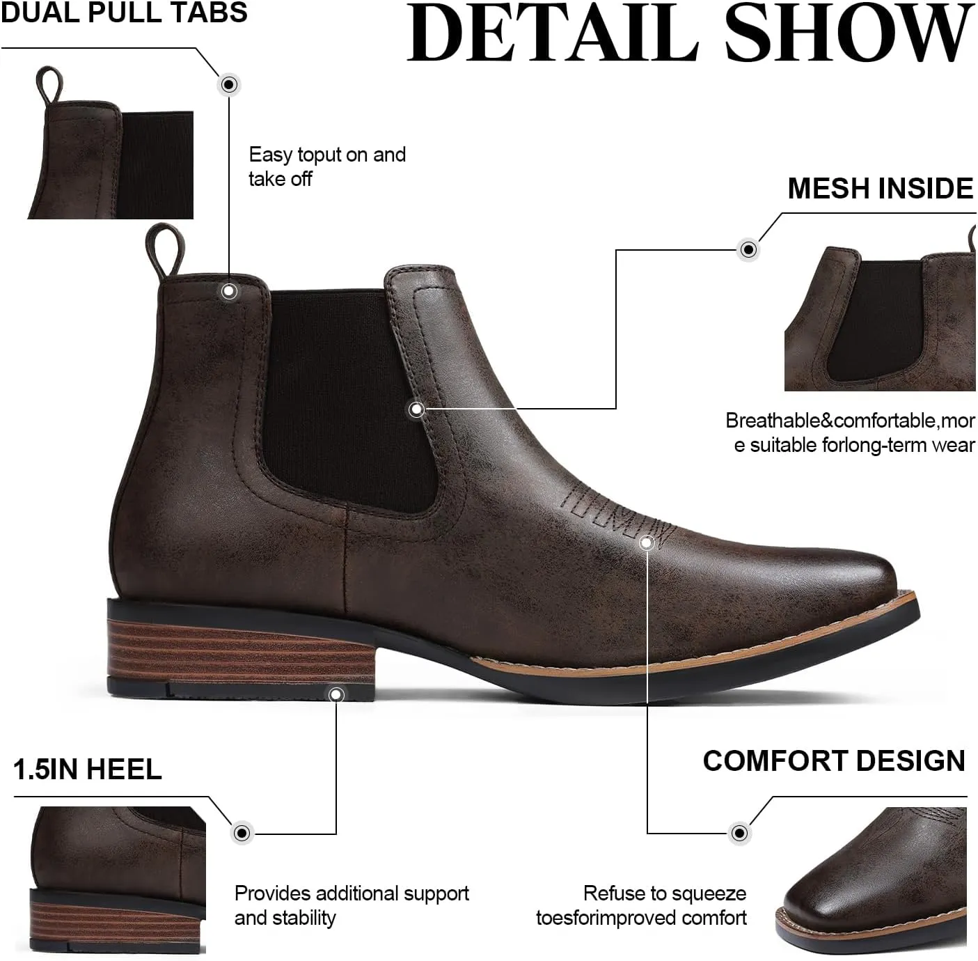 femflame Cowboy Boots for Men Square Toe Chelsea Boots Waterproof Classic Elastic Slip on Chukka Ankle Boots Casual