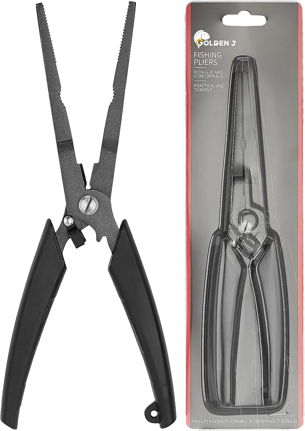 GOLDEN J Teflon Fishing Pliers, Multi-Function Hook Remover-Long Nose Pliers, PE/Braided Line Cutter, Saltwater Resistant Fishing Gear, for Deep-Sea, Ice & Surf Fishing - Ideal for Anglers