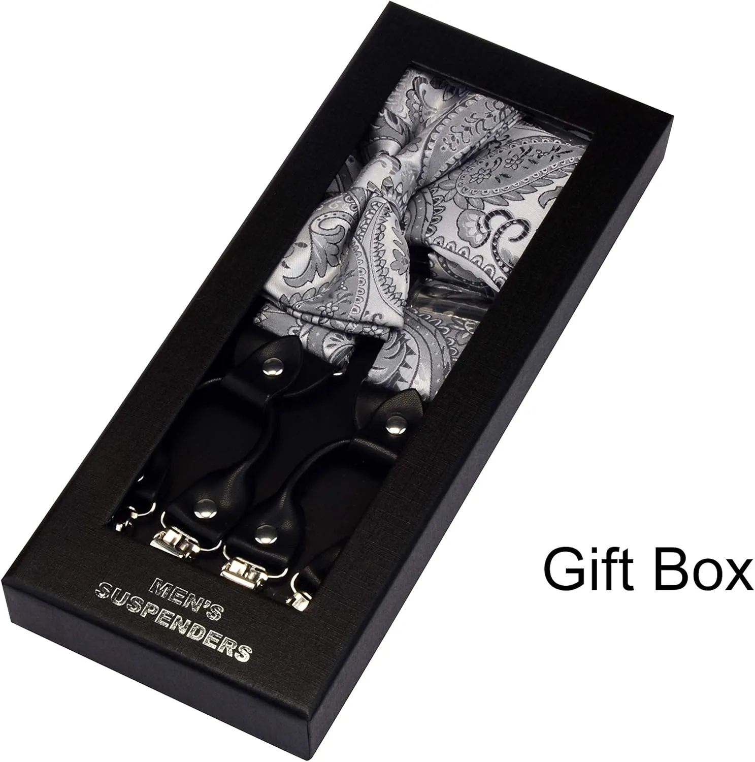 GUSLESON Adjustable Plaid Floral 6 Clips Y Shape Suspenders Pre-tied Bow Tie and Pocket Square Set with Gift Box