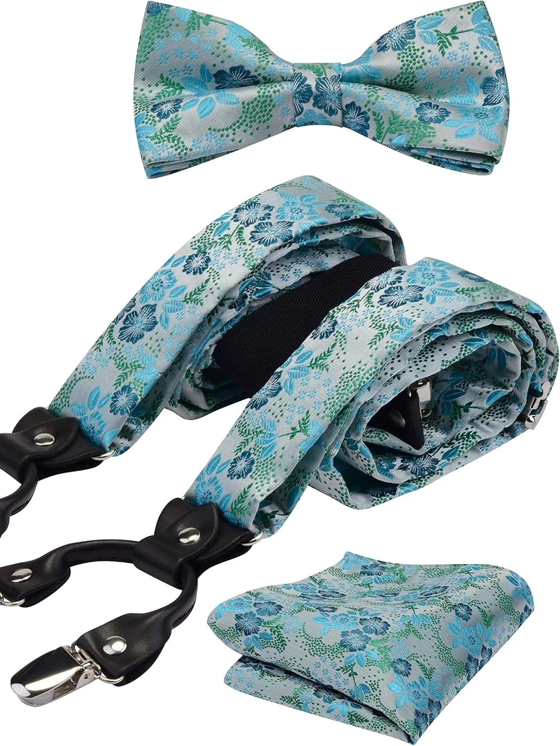 GUSLESON Adjustable Plaid Floral 6 Clips Y Shape Suspenders Pre-tied Bow Tie and Pocket Square Set with Gift Box