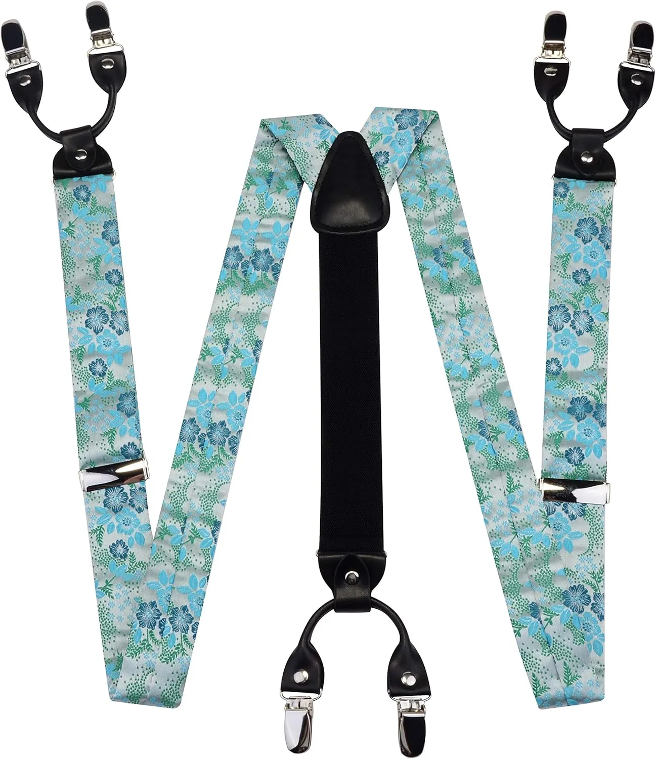 GUSLESON Adjustable Plaid Floral 6 Clips Y Shape Suspenders Pre-tied Bow Tie and Pocket Square Set with Gift Box