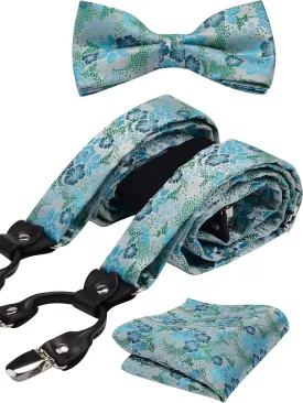 GUSLESON Adjustable Plaid Floral 6 Clips Y Shape Suspenders Pre-tied Bow Tie and Pocket Square Set with Gift Box