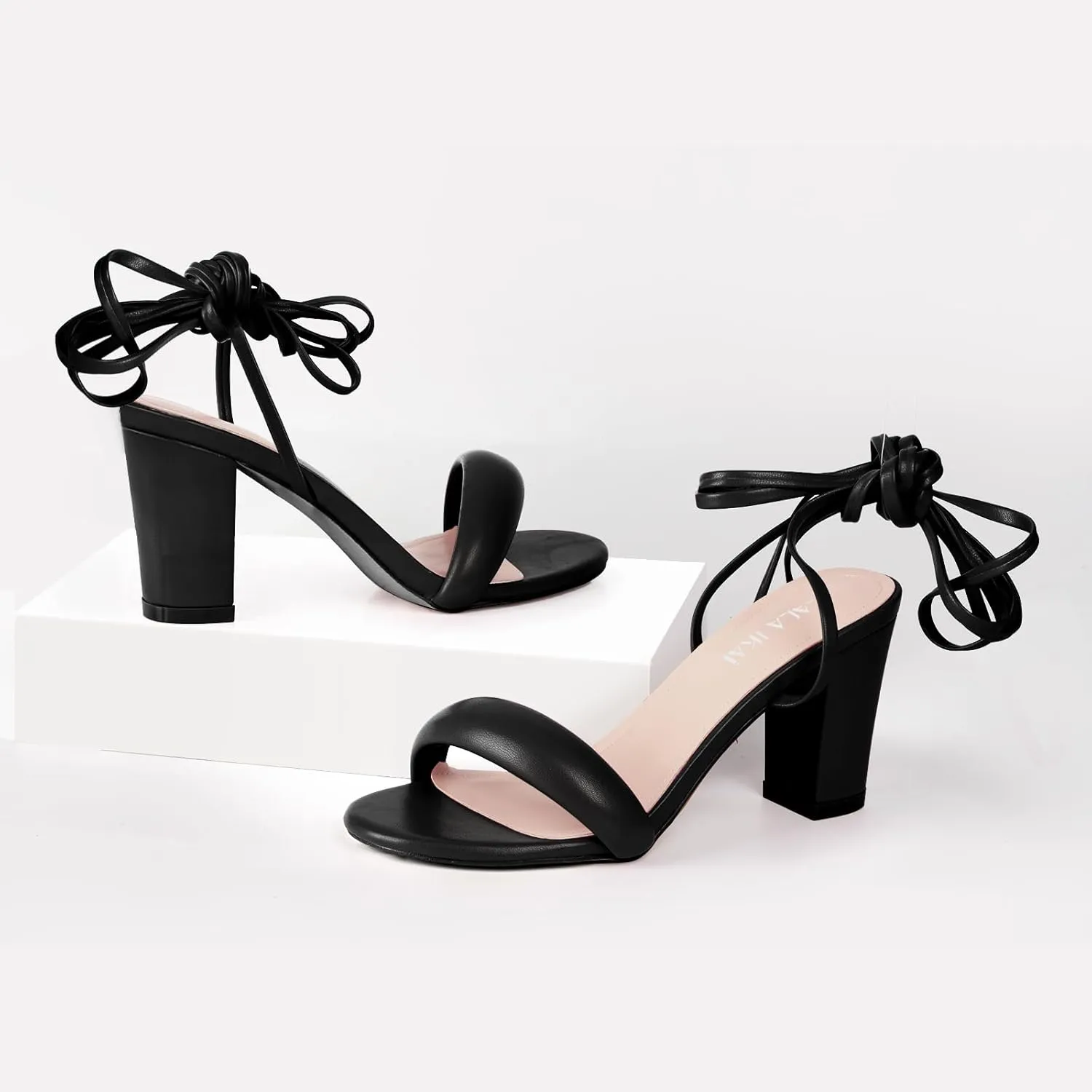 LALA IKAI Women's Heels Chunky Sandals Strappy for Women Lace Up Heels Open Toe Heels Tie Up High Heeled Sandals for Prom, Party, Daily Wear