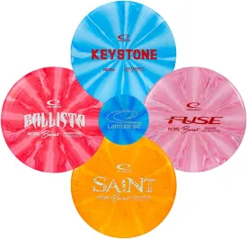 Latitude 64 Retro Burst Disc Golf Starter Set | Perfect Disc Golf Set for New to Intermediate Players | Includes Bonus Mini Marker | Grippy Base Plastic | Colors May Vary