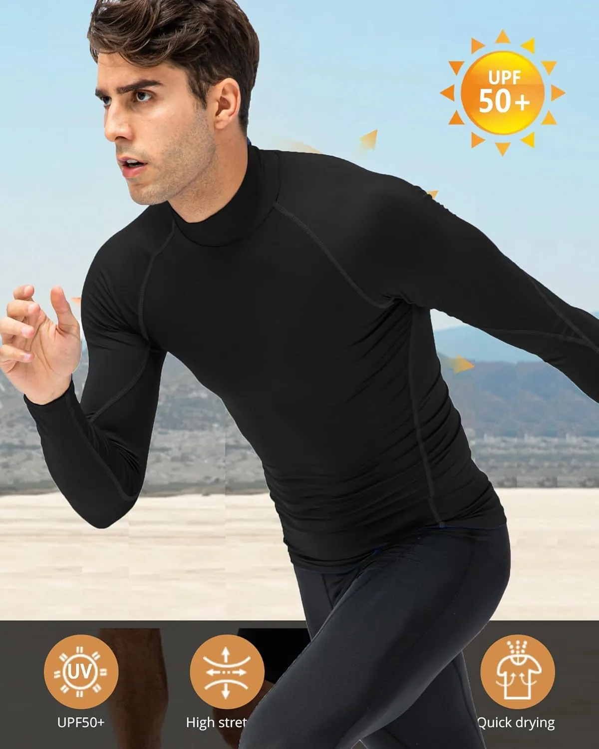 Men's Athletic Compression Shirt Summer Long Sleeve Workout T-Shirts Mock Neck Sports Breathable Base Layer Running Tops