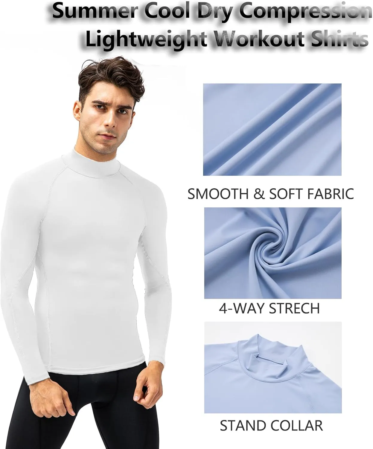 Men's Athletic Compression Shirt Summer Long Sleeve Workout T-Shirts Mock Neck Sports Breathable Base Layer Running Tops