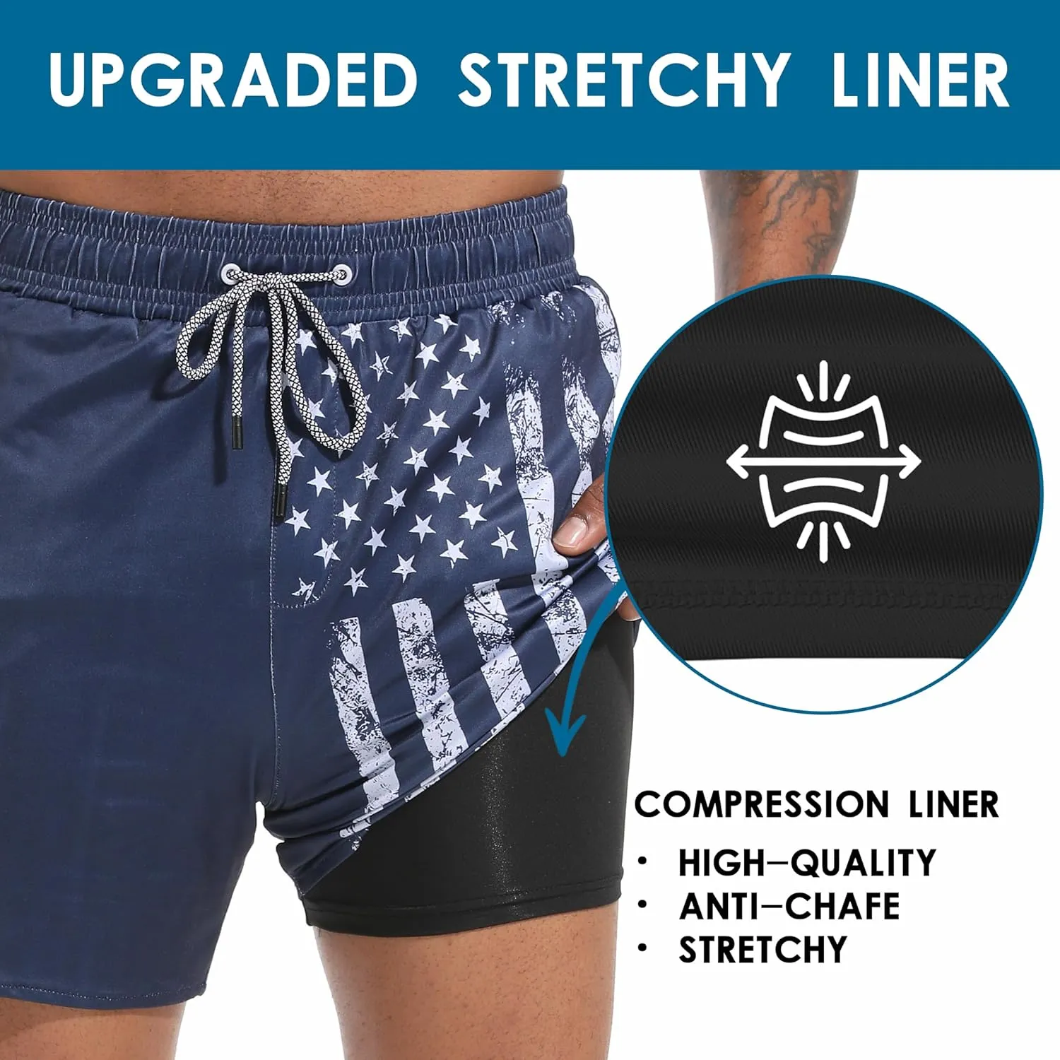 Mens Swim Trunks with Compression Liner 5.5" Board Shorts with Zipper Pockets 2 in 1 Quick Dry Bathing Suits