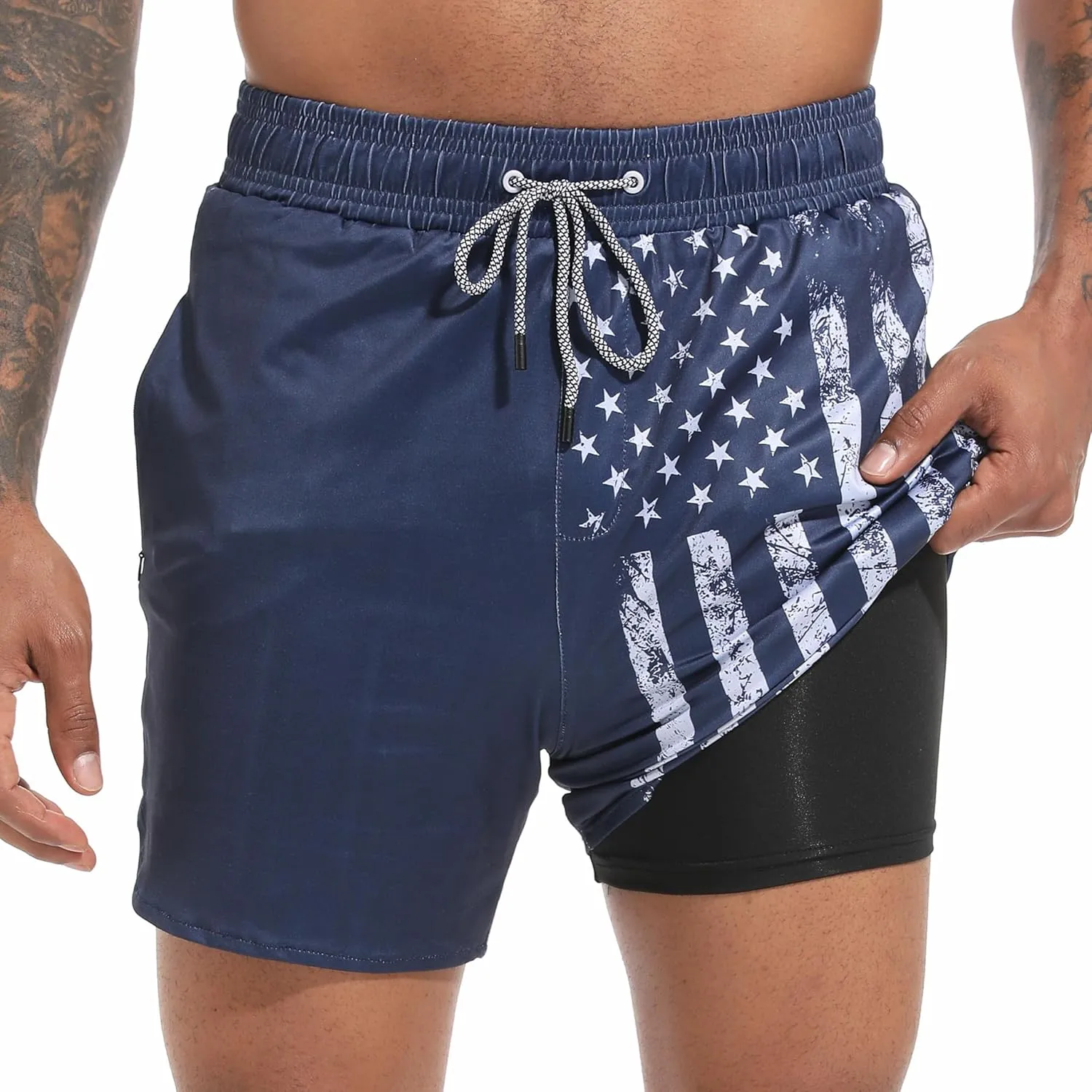 Mens Swim Trunks with Compression Liner 5.5" Board Shorts with Zipper Pockets 2 in 1 Quick Dry Bathing Suits