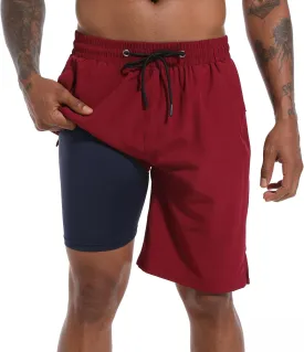 Mens Swim Trunks with Compression Liner 9" Board Shorts 2 in 1 Quick Dry Bathing Suits with Zipper Pockets