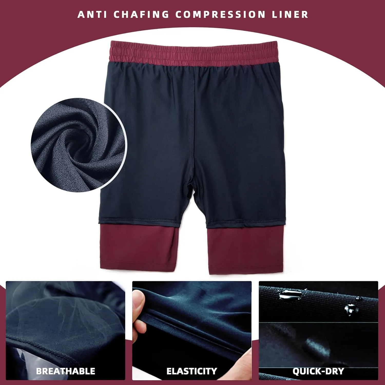 Mens Swim Trunks with Compression Liner 9" Board Shorts 2 in 1 Quick Dry Bathing Suits with Zipper Pockets