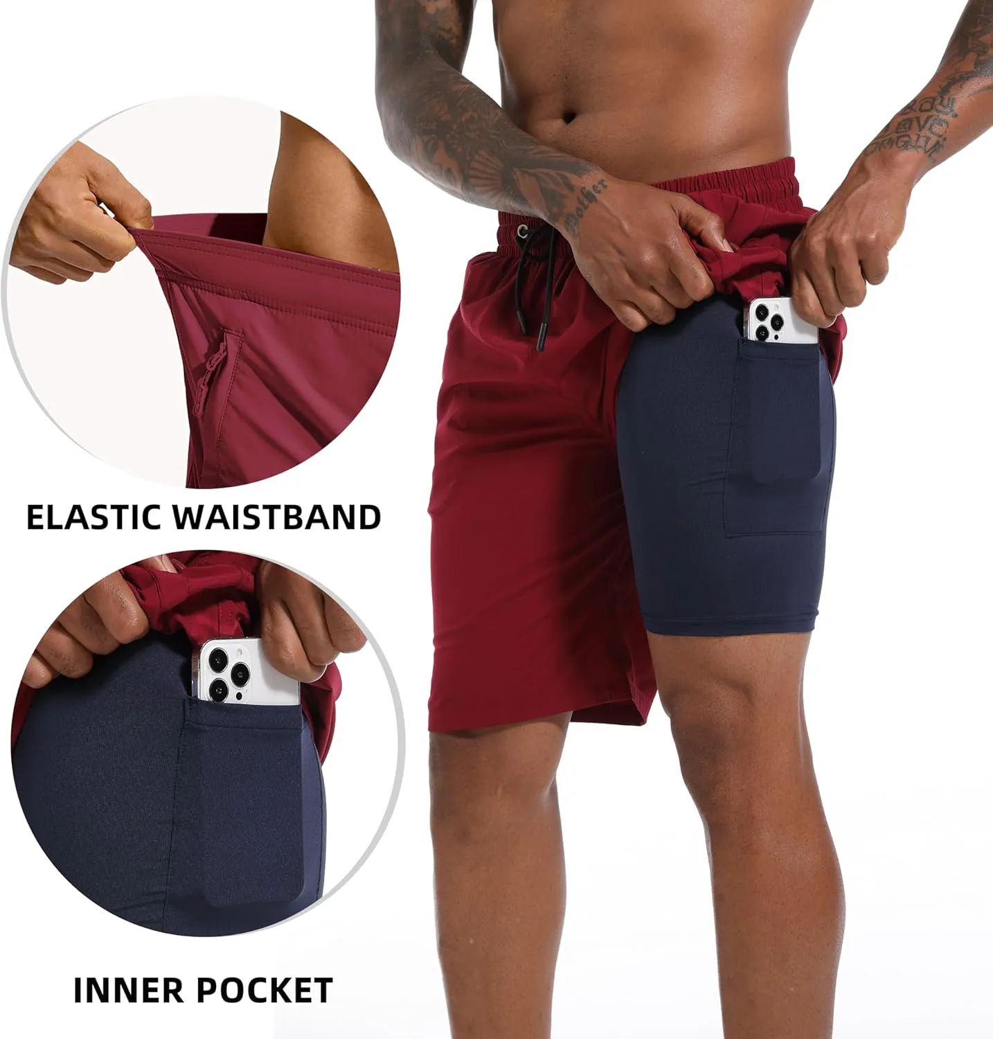 Mens Swim Trunks with Compression Liner 9" Board Shorts 2 in 1 Quick Dry Bathing Suits with Zipper Pockets
