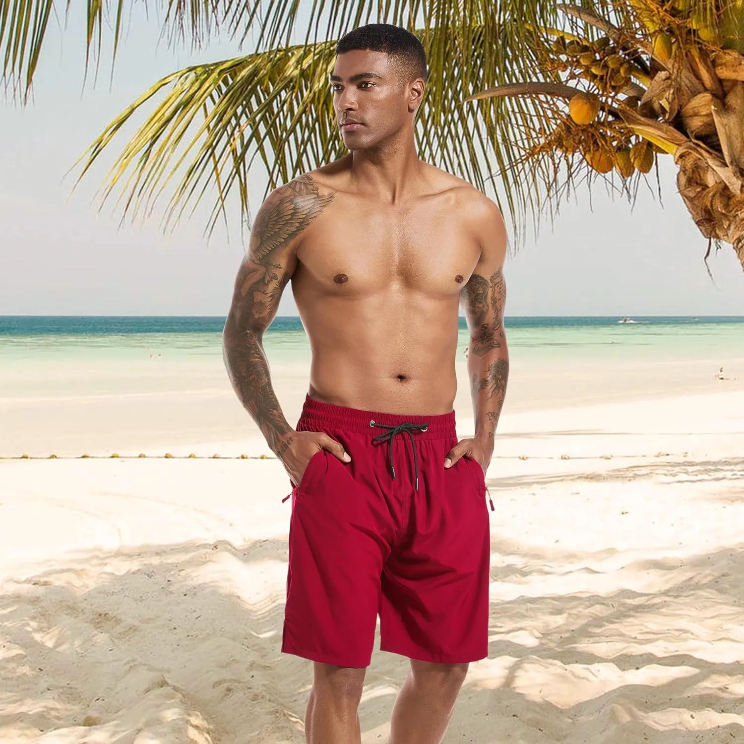 Mens Swim Trunks with Compression Liner 9" Board Shorts 2 in 1 Quick Dry Bathing Suits with Zipper Pockets