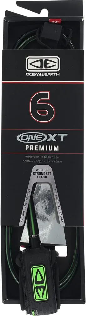 Ocean & Earth One XT Premium Black/Lime Surfboard Leash - 6'