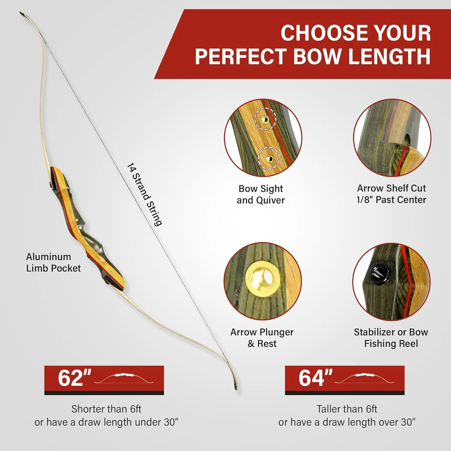 Spyder Takedown Recurve Bow - 62"-64" Hunting & Target Bow - Fast, Accurate, Versatile Handcrafted Riser - Fiber Glass Maple Limbs - 20-60lb Draw - Beginner to Intermediate
