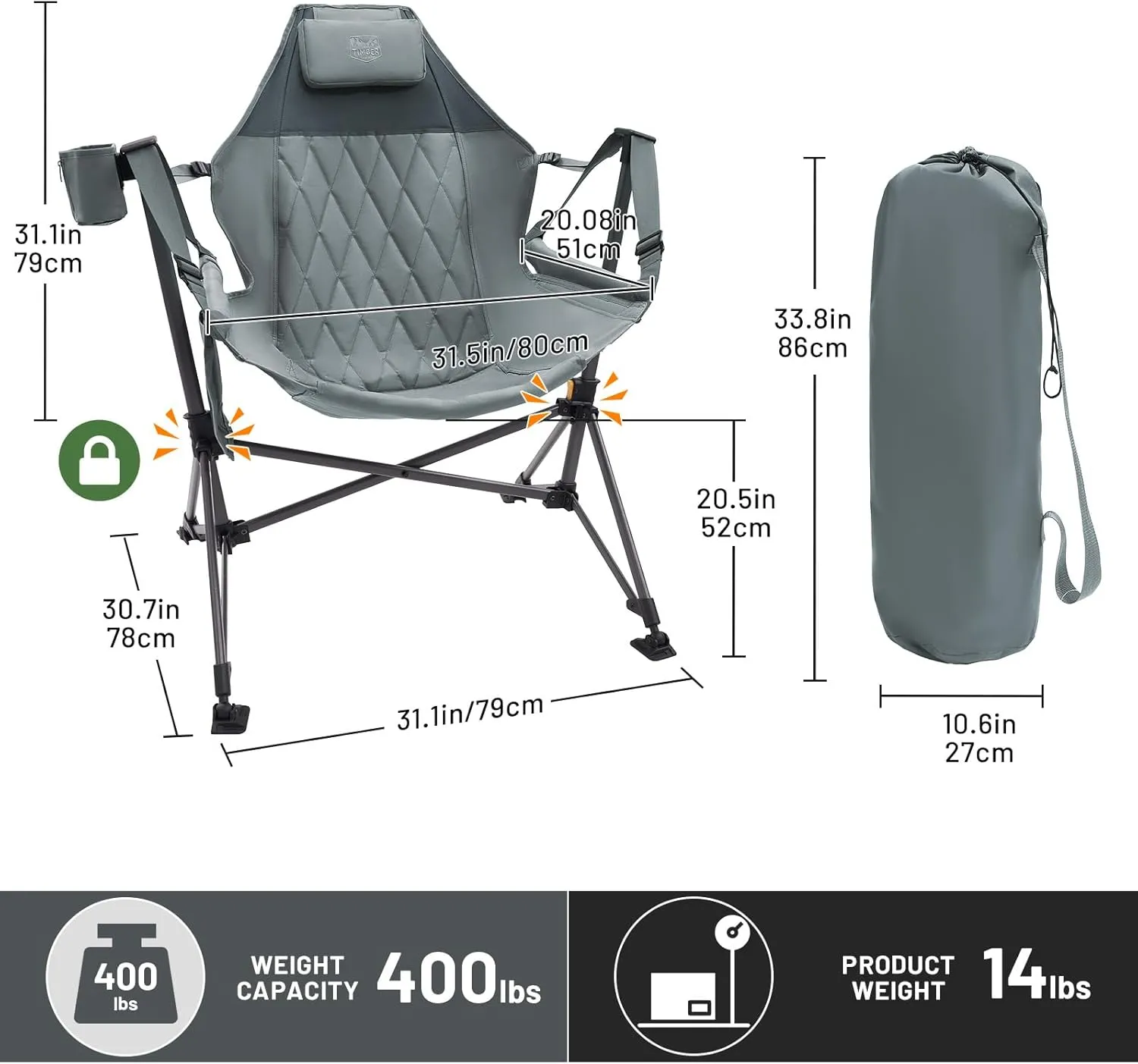 TIMBER RIDGE Hammock Camping Chair, Oversized Swinging Chair with Adjustable Back and Seat Height, Portable Folding Rocking Camping Chair for Outdoor Lawn, Backyard and Patio, Supports 400lbs