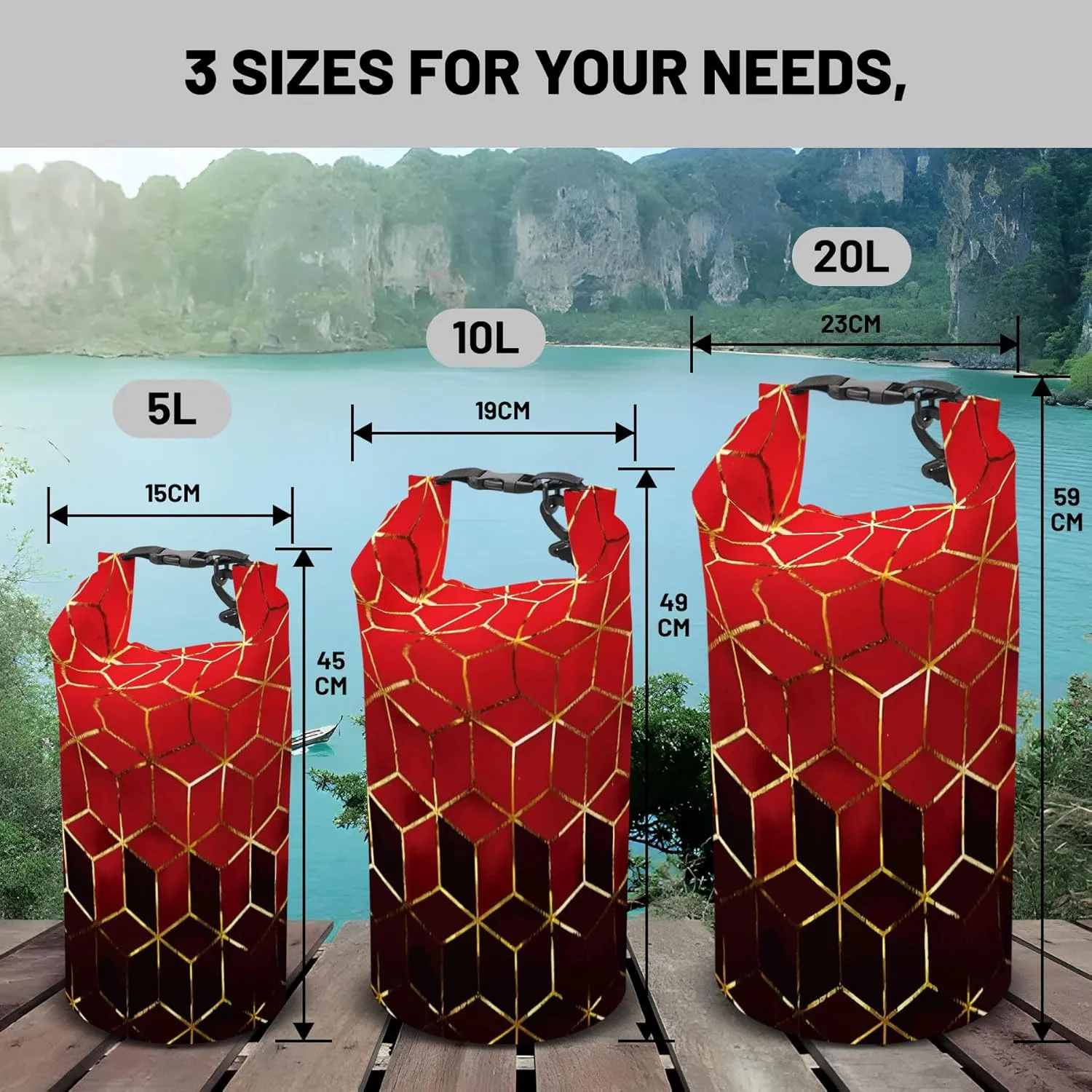 Waterproof Dry Bag,Roll Top Geometric Ombre Small Waterproof Backpack 5L/10L/20L Floating and Lightweight Bags for Kayaking, Boating, Fishing, Swimming and Camping