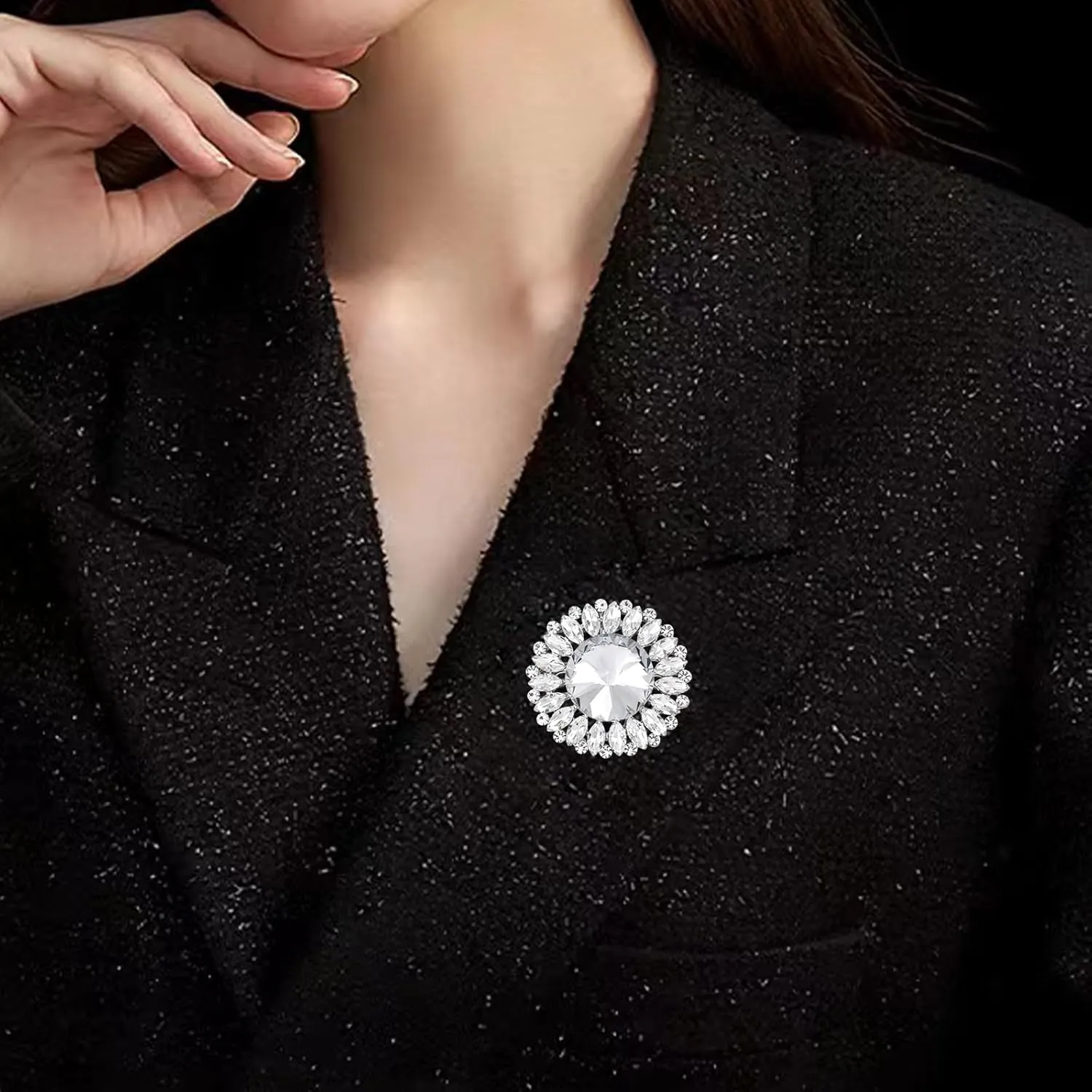 Womens Round Sunflower Brooch Pin Crystal Rhinestone Brooch for Women